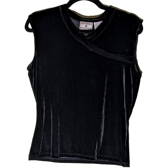 Stretchy Kathy Ireland Vintage Black Velvet Tank with Faux Wrap Neckline Detail - Picture 1 of 7